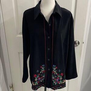 Vintage Velvet Festive Embroidered Black Button Up Shirt/Jacket / Blazer Sz XL
